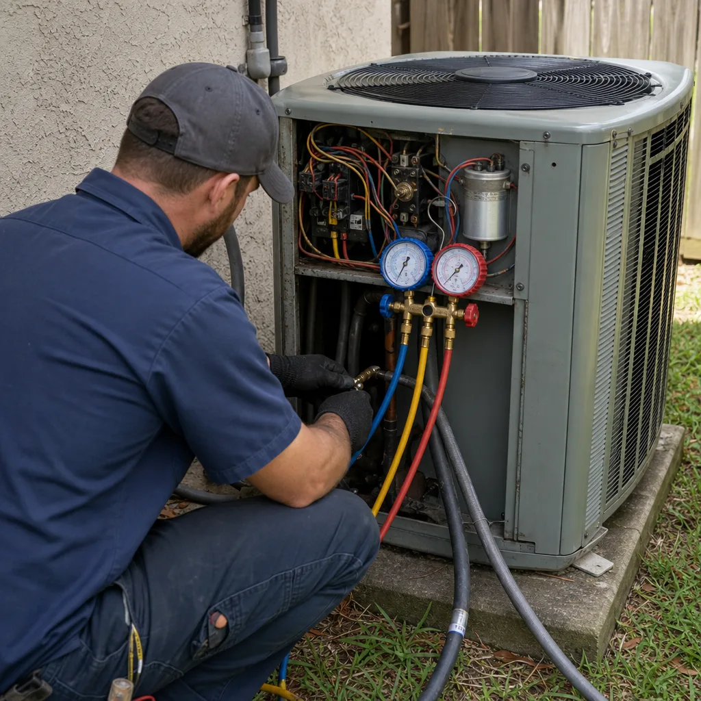 HVAC technician performing professional air conditioning maintenance on an outdoor unit