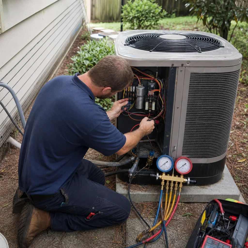 HVAC technician performing professional air conditioning maintenance and repair services