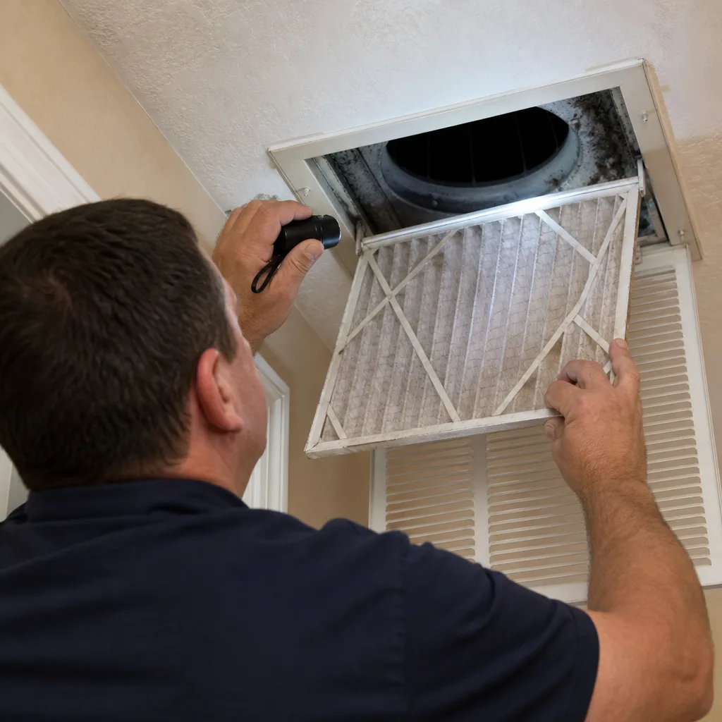 HVAC technician inspecting and replacing a residential air conditioner filter