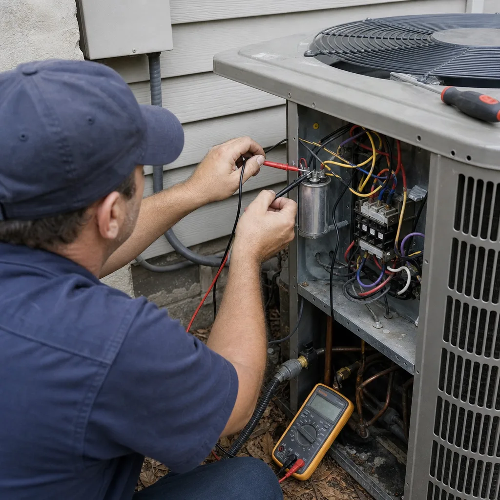HVAC technician using a multimeter to repair an air conditioning unit