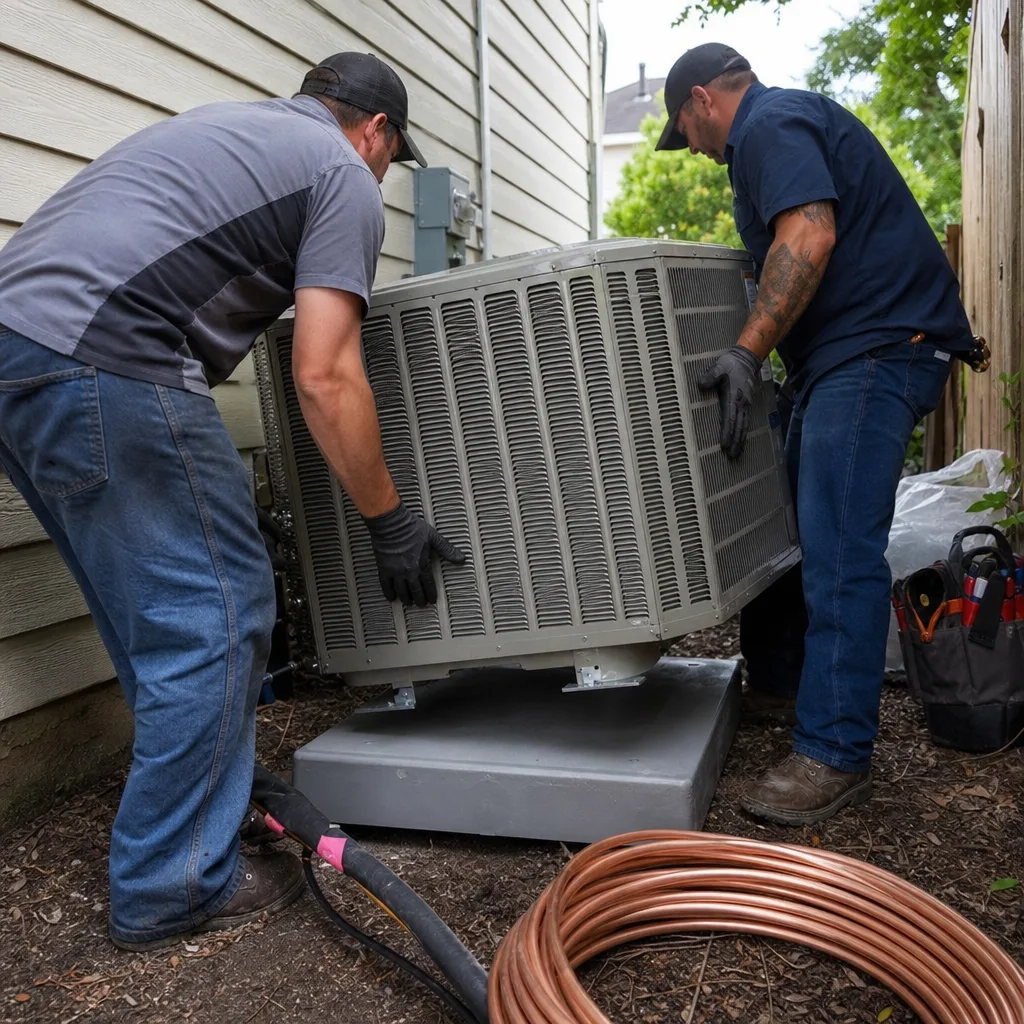 HVAC technicians installing an outdoor air conditioning condenser unit